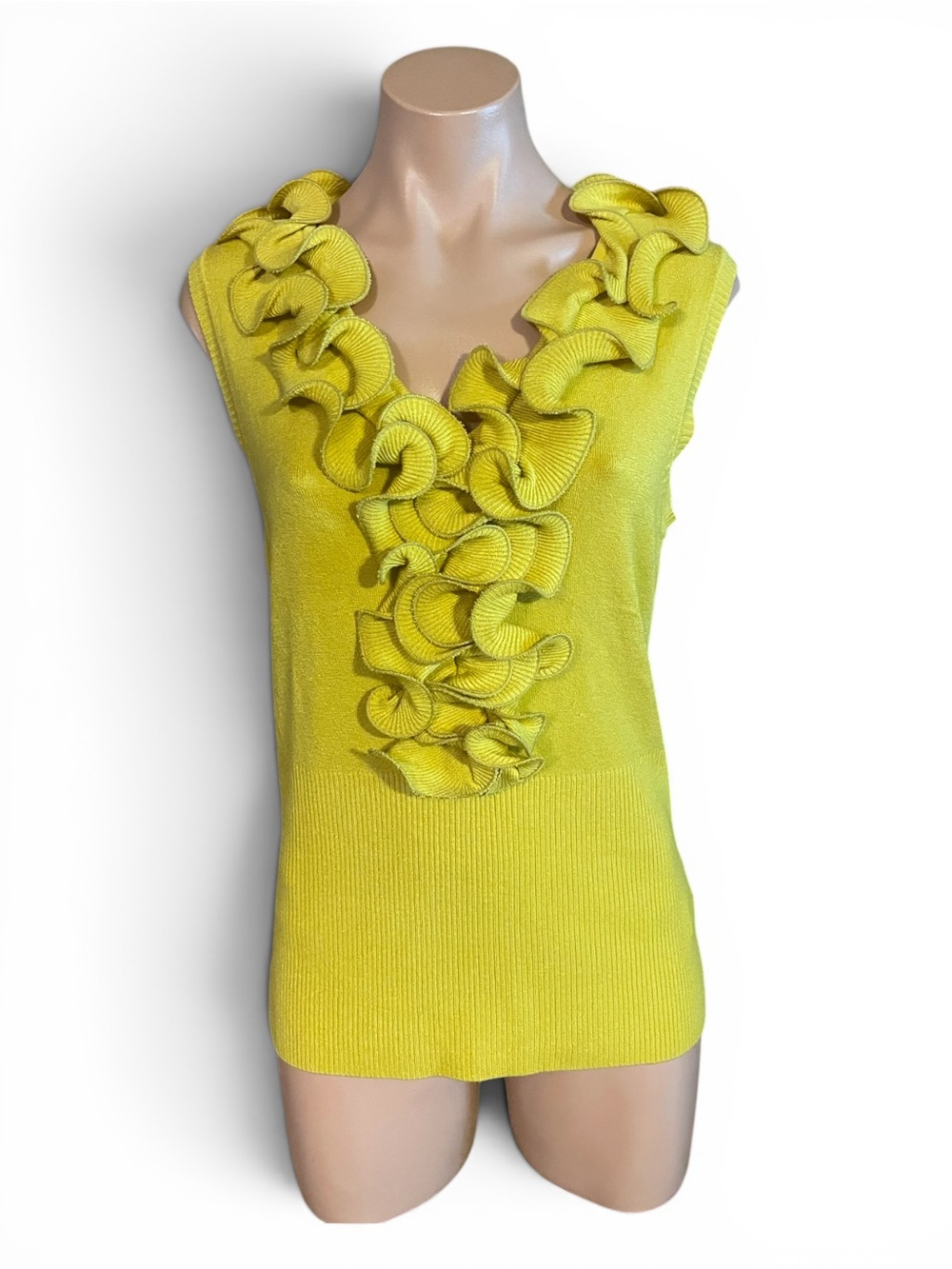 Vila Milano Sweater Womens L Large Mustard Yellow Ruffle V-Neck Sleeveless Vest